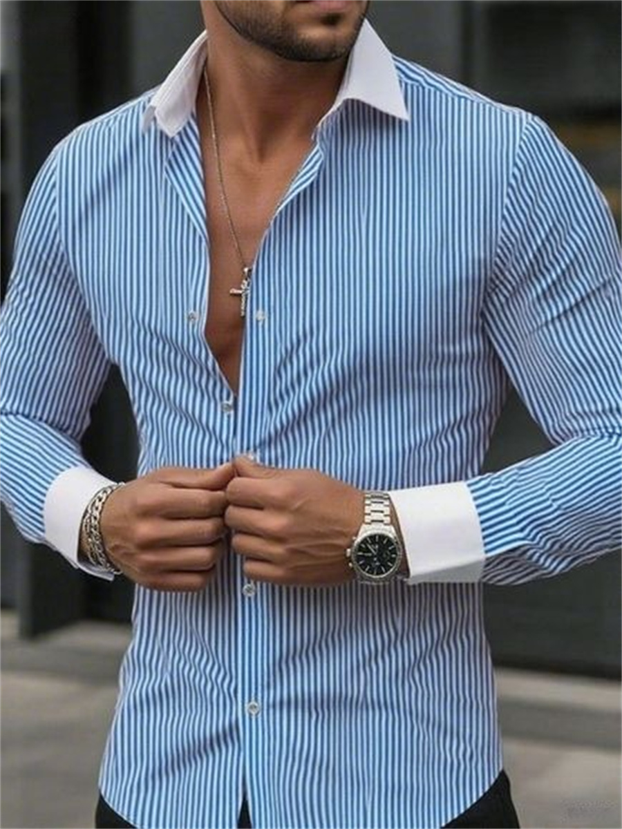 Men Formal Wear Shirts - メンズスリムフィットストライプラペル長袖フォーマルシャツカラービジネス通勤おしゃれで快適な職場着