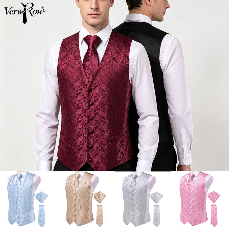 Men Formal Wear With Tie - VerveRow メンズ バーガンディ 花柄ジャカード スーツベスト 3点セット