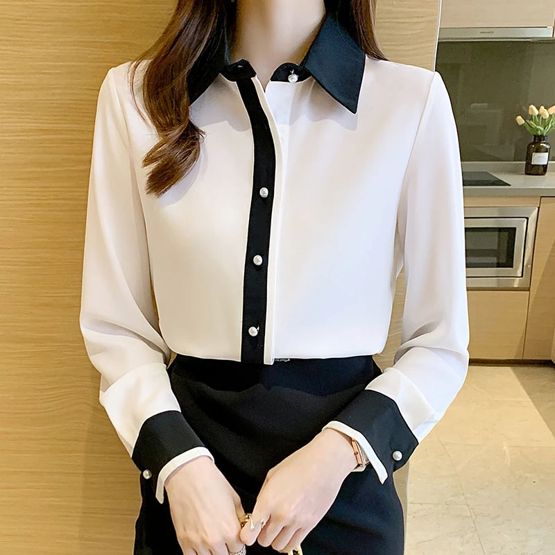 Men'S Formal Wear Rental - 女性用ホワイトシフォンシャツ韓国シックなシングルブレストコントラストラペルオフィスレディシャツカジュアルオールマッチ職業ブラウス