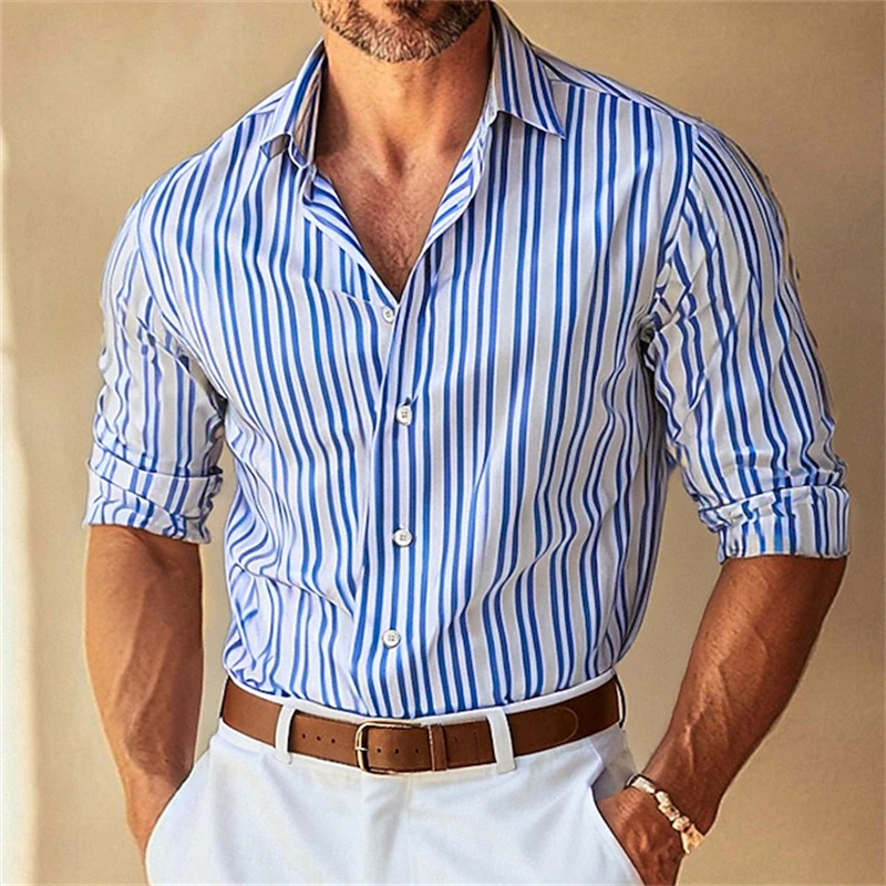 Men Formal Wear Shirts - 10色展開 メンズフォーマル ラペルボタンダウン ストライプカラー 長袖シャツ ブラック