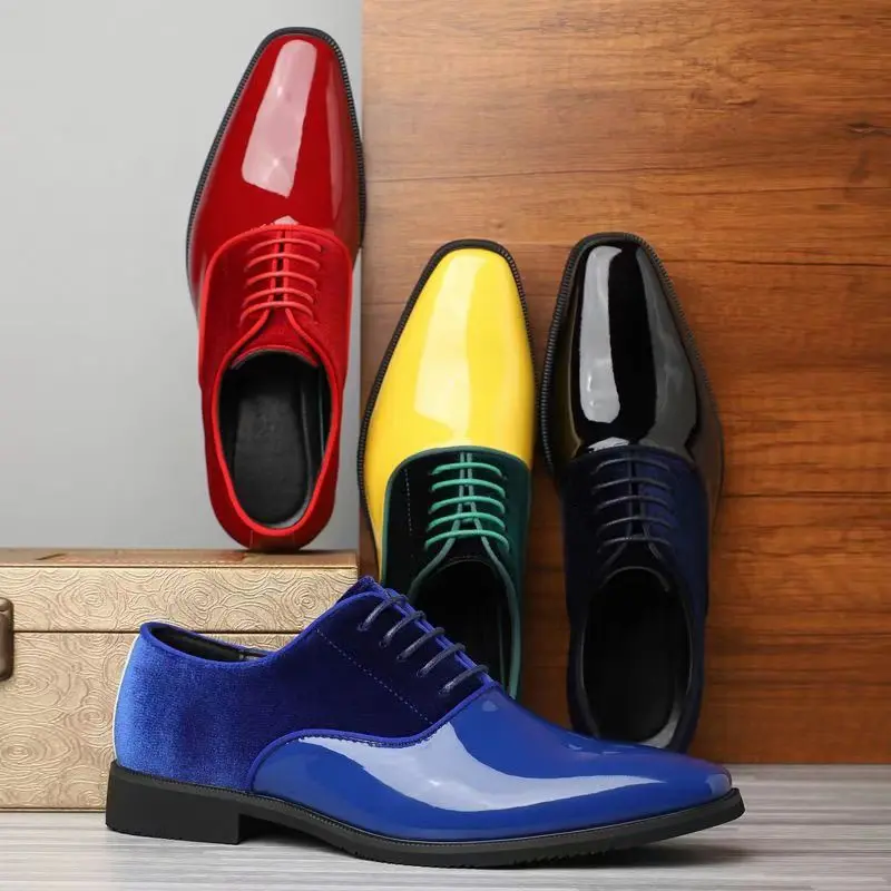 Formal Wear For Men In Wedding - メンズカラーブロックオックスフォードドレスシューズ、レースアップ、パテントレザーとスエードの組み合わせ、フォーマルシューズ、パーティー、結婚式、宴会などの機会に最適