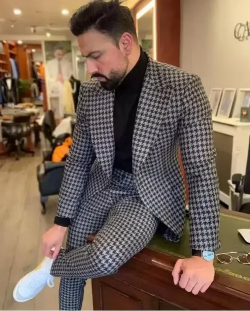 千鳥格子柄ヴィンテージメンズスーツ、ピークラペル、2ピースブ - Formal Wear For Men In Wedding のレビューと価格