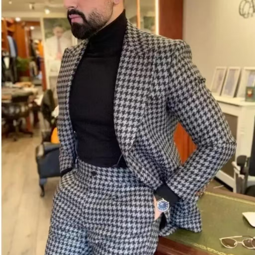 千鳥格子柄ヴィンテージメンズスーツ、ピークラペル、2ピースブ - Formal Wear For Men In Wedding のレビューと価格