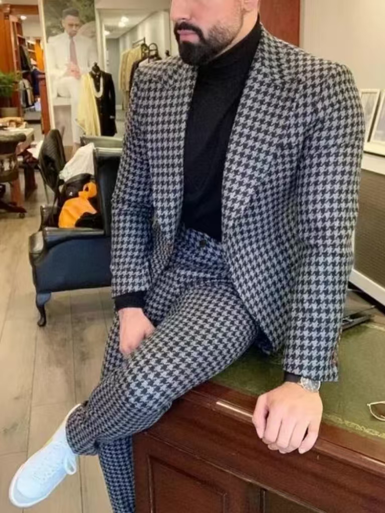 千鳥格子柄ヴィンテージメンズスーツ、ピークラペル、2ピースブ - Formal Wear For Men In Wedding のレビューと価格