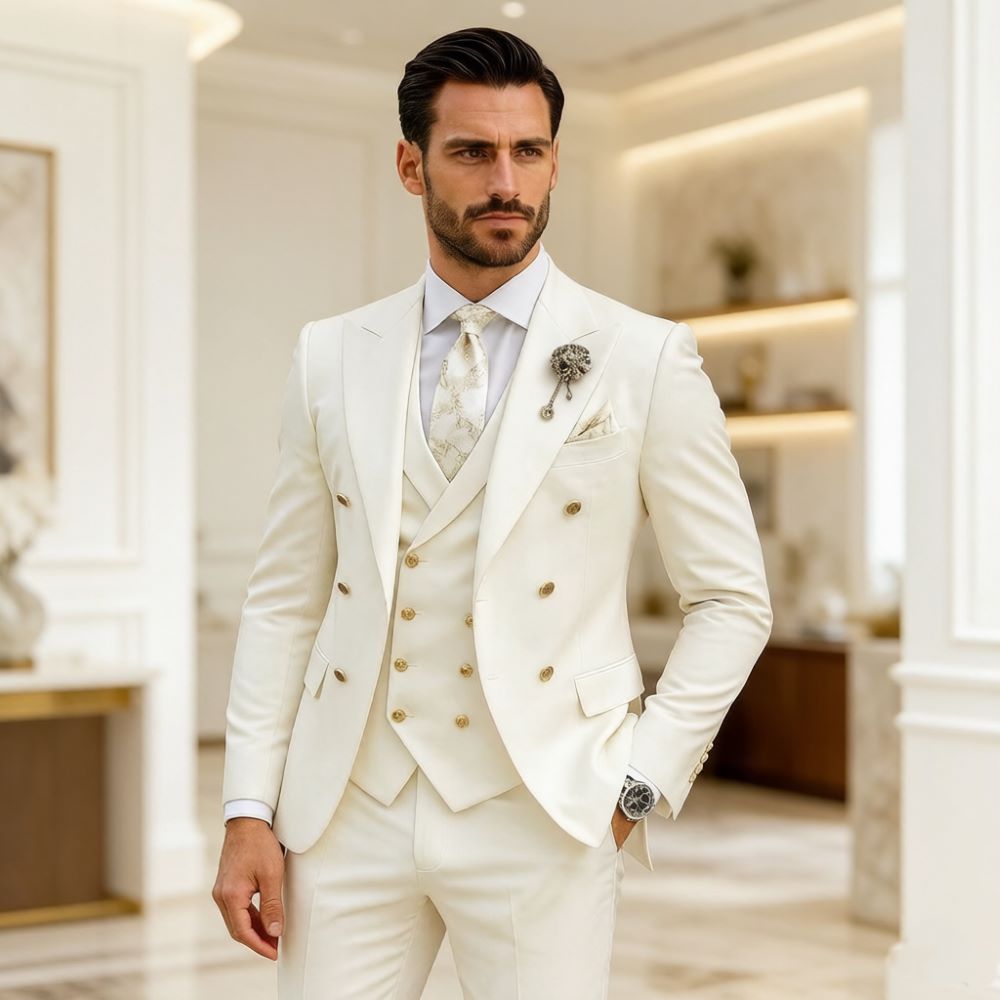 メンズアイボリーウェディングスーツスリムフィット3ピースダブ - Formal Wear For Men In Wedding のレビューと価格