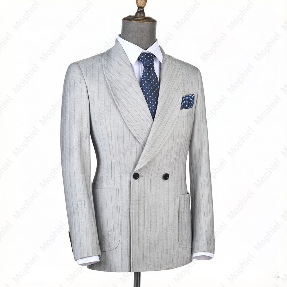 モフィエル ライトグレー メンズスーツ ストライプ ダブルブ - Formal Wear For Men In Wedding のレビューと価格