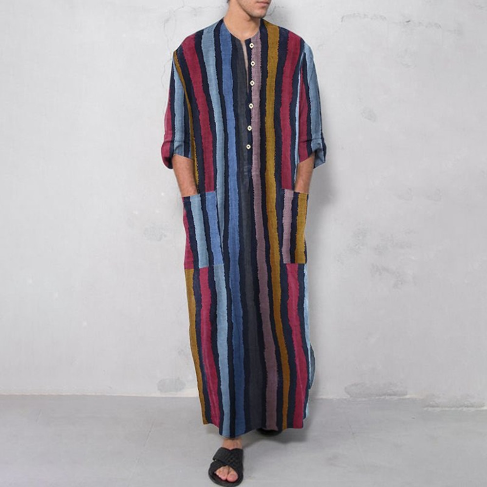 2026年新作 ストライプ柄プリント ムスリムコットンローブ - Men Formal Wear Shirts のレビューと価格
