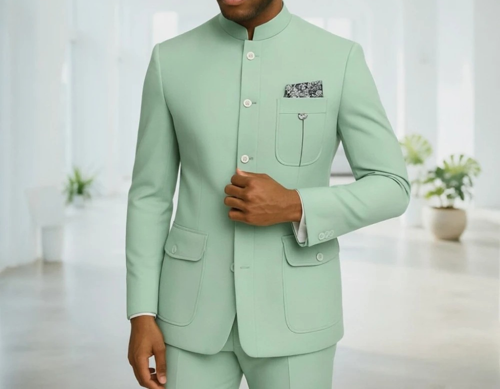 サファリメンズスーツ メンズプレミアムライトグリーンマンダリ - Formal Wear For Men In Wedding のレビューと価格