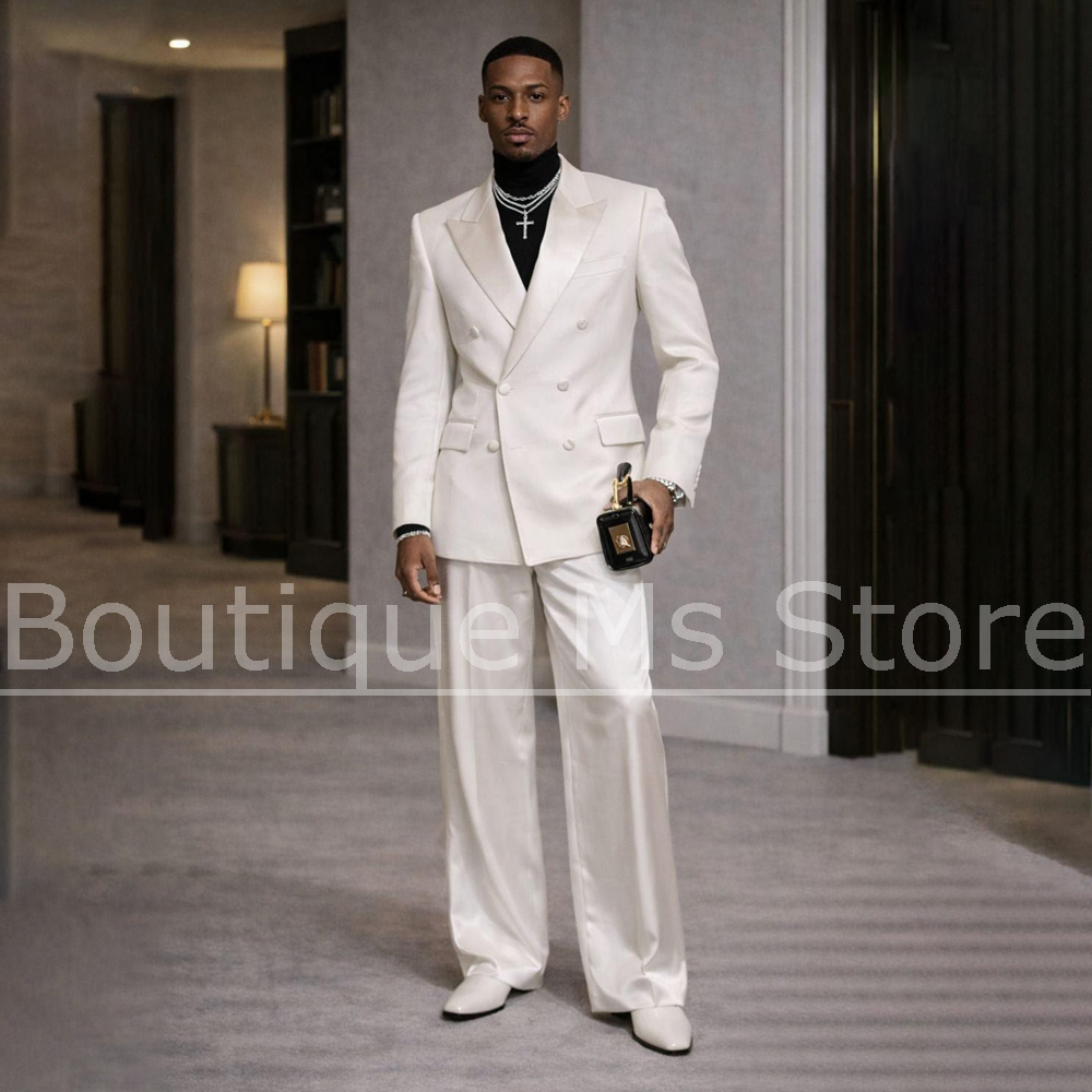 メンズホワイトサテンスーツ2ピースダブルブレストピークドラペ - Formal Wear For Men In Wedding のレビューと価格