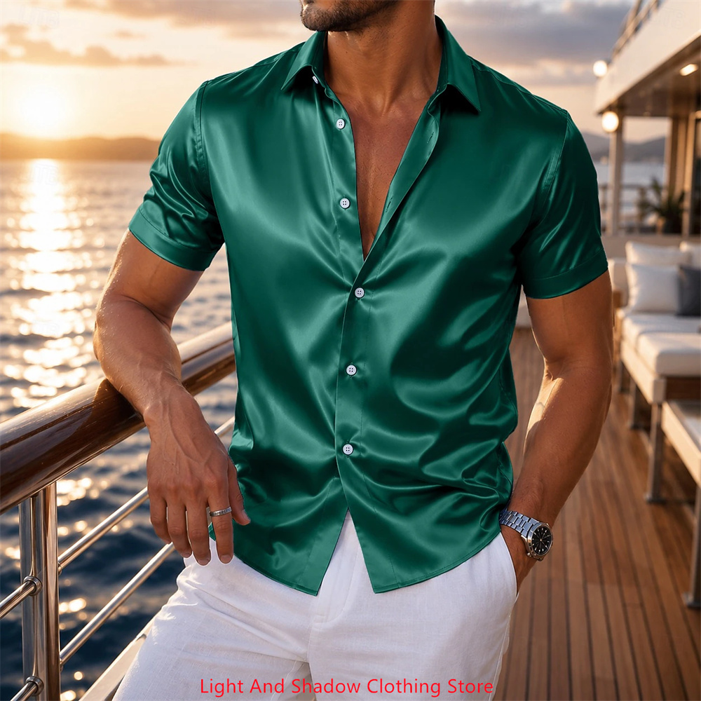 メンズサテン半袖シャツ 高級感のある光沢 フォーマル ボタン - Men Formal Wear Shirts のレビューと価格