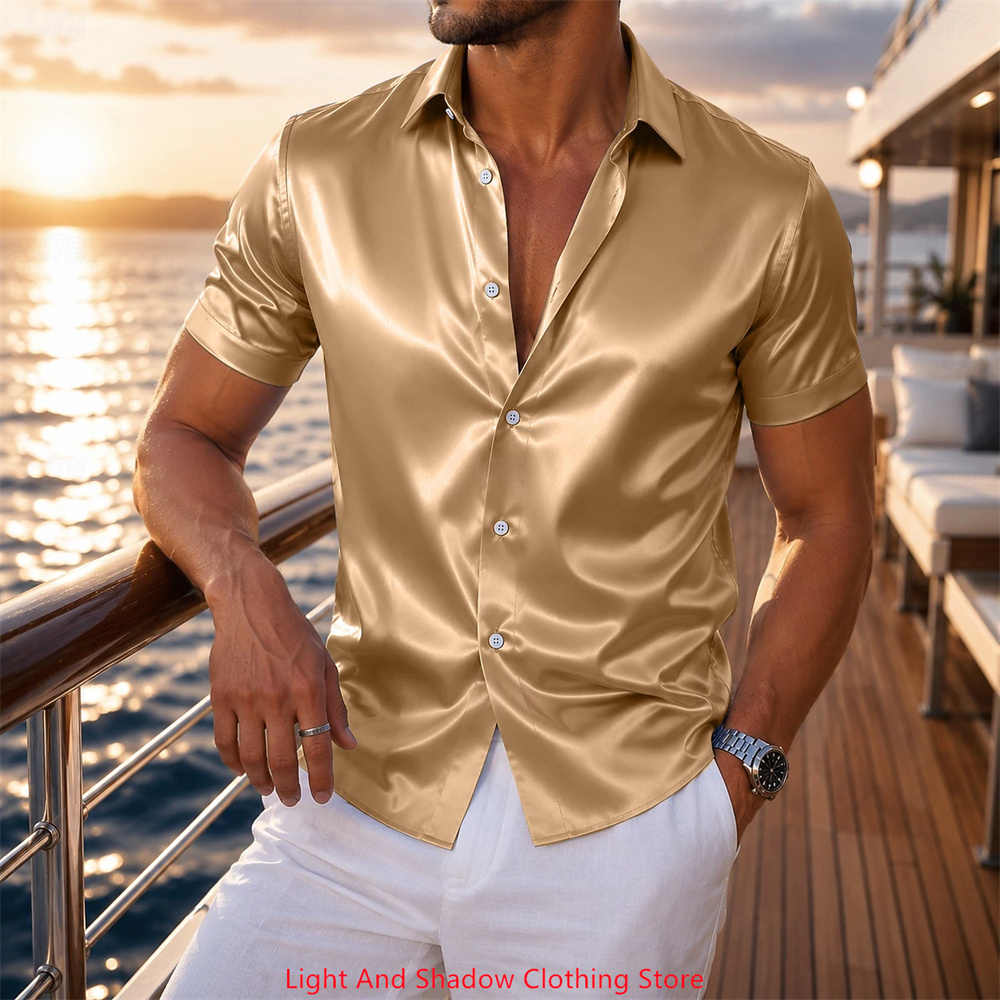メンズサテン半袖シャツ 高級感のある光沢 フォーマル ボタン - Men Formal Wear Shirts のレビューと価格